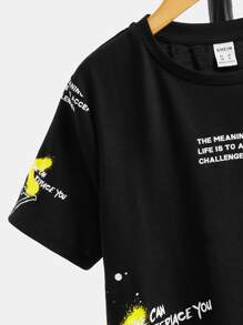 SHEIN 男孩標語圖案T恤和運動褲 - 黑色 - 查看 3