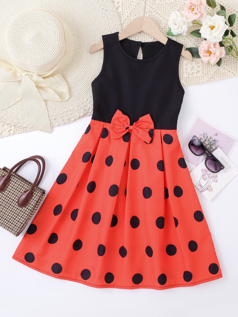 Girls Polka Dot Bow Front Dress - Multicolor - View 1