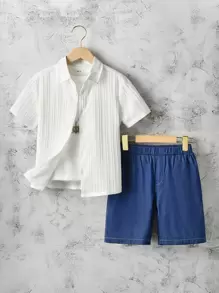 Boys Button Front Shirt & Shorts Without Tee - Blue and White - View 1