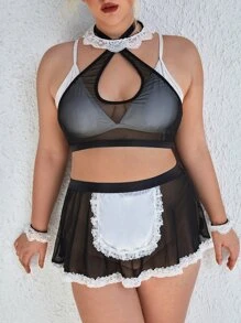 Plus 5pcs Contrast Lace Mesh Maid Costume - Black - View 1