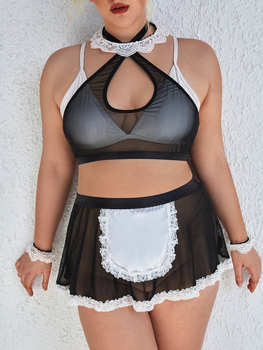 Plus 5pcs Contrast Lace Mesh Maid Costume - Black - View 1
