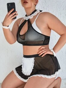 Plus 5pcs Contrast Lace Mesh Maid Costume - Black - View 3