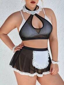 Plus 5pcs Contrast Lace Mesh Maid Costume - Black - View 4