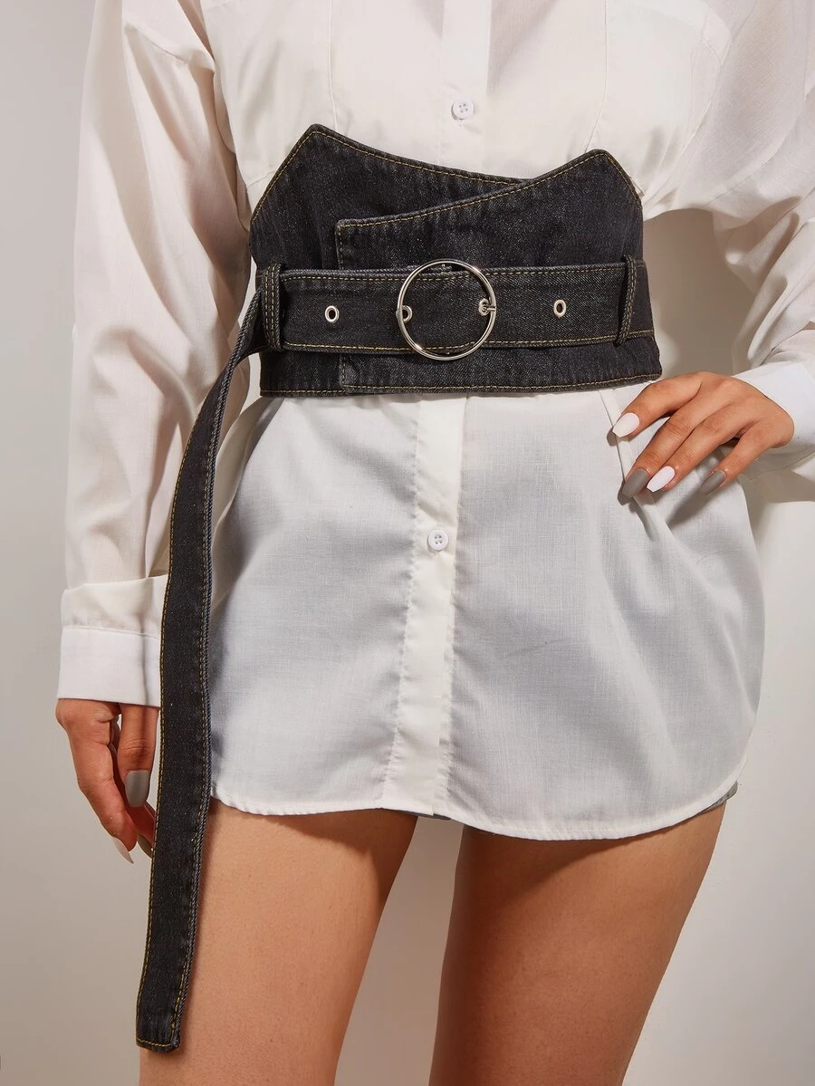 Set thời trang Back To School: Áo sơ mi cài cúc thường ngày, váy dệt kim, thắt lưng denim đuôi dài cho nữ - màu đen - Xem 1