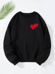 SHEIN EZwear Plus Heart Print Thermal Lined Sweatshirt - Black - View 1