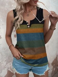 EMERY ROSE Colour Block Button Detail Notched Neck Tank Top - Multicolor - View 3