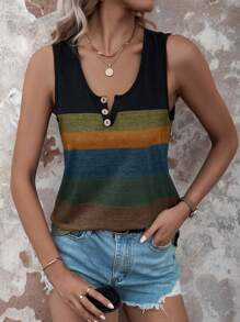 EMERY ROSE Colour Block Button Detail Notched Neck Tank Top - Multicolor - View 4