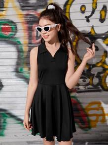 SHEIN 青少年女孩素色A字洋裝 - 黑色 - 查看 1