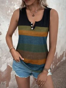 EMERY ROSE Colour Block Button Detail Notched Neck Tank Top - Multicolor - View 6