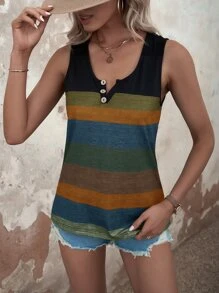 EMERY ROSE Colour Block Button Detail Notched Neck Tank Top - Multicolor - View 7