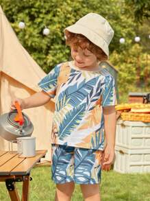 SHEIN Toddler Boys Tropical Print Tee & Shorts - Multicolor - View 1
