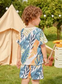 SHEIN Toddler Boys Tropical Print Tee & Shorts - Multicolor - View 2