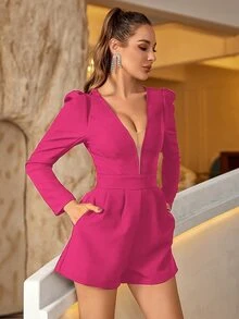 Double Crazy Contrast Mesh Puff Sleeve Romper - Hot Pink - View 6