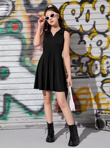 SHEIN 青少年女孩素色A字洋裝 - 黑色 - 查看 5