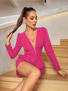 Double Crazy Contrast Mesh Puff Sleeve Romper - Hot Pink - View 7