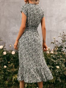 SHEIN Clasi Ditsy Floral Print Tie Neck Ruffle Hem Dress - Multicolor - View 3