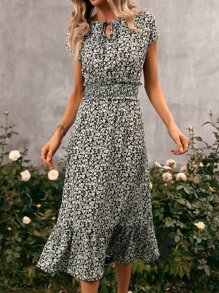SHEIN Clasi Ditsy Floral Print Tie Neck Ruffle Hem Dress - Multicolor - View 1