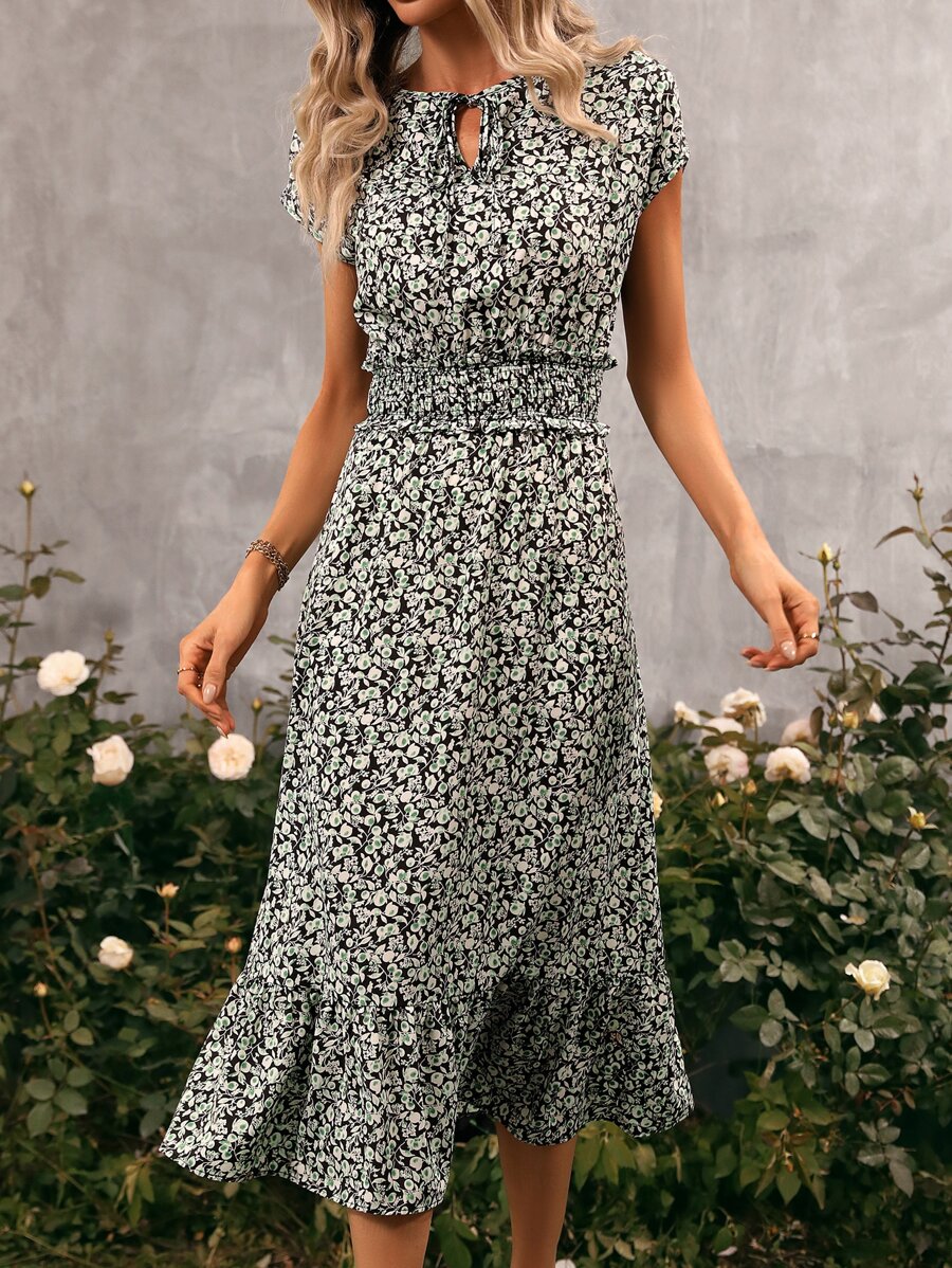 SHEIN Clasi Ditsy Floral Print Tie Neck Ruffle Hem Dress - Multicolor - View 1