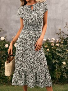 SHEIN Clasi Ditsy Floral Print Tie Neck Ruffle Hem Dress - Multicolor - View 4