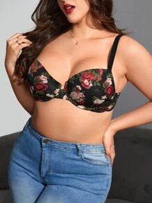 Plus Floral Print Underwire Bra - Multicolor - View 1