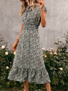 SHEIN Clasi Ditsy Floral Print Tie Neck Ruffle Hem Dress - Multicolor - View 7