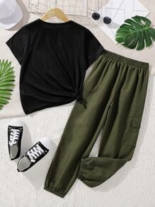 Girls Solid Tee & Flap Pocket Cargo Trousers - Multicolor - View 2