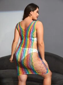 Plus Rainbow Striped Hollow Out Dress Without Liner - Multicolor - View 2