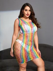 Plus Rainbow Striped Hollow Out Dress Without Liner - Multicolor - View 3