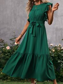 SHEIN Clasi Vestido con cinturón de manga mariposa bajo con fruncido - Verde - Ver 2