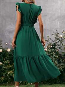 SHEIN Clasi Vestido con cinturón de manga mariposa bajo con fruncido - Verde - Ver 3