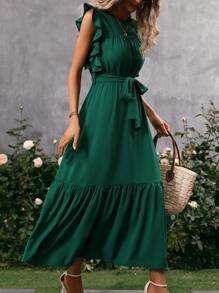 SHEIN Clasi Vestido con cinturón de manga mariposa bajo con fruncido - Verde - Ver 1