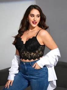 Plus Scallop Trim Lace Underwire Bra - Black - View 3