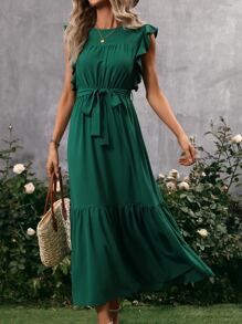 SHEIN Clasi Vestido con cinturón de manga mariposa bajo con fruncido - Verde - Ver 6