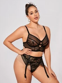 Plus 3pcs Floral Lace Underwire Garter Lingerie Set - Black - View 3
