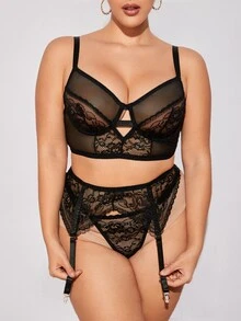 Plus 3pcs Floral Lace Underwire Garter Lingerie Set - Black - View 5