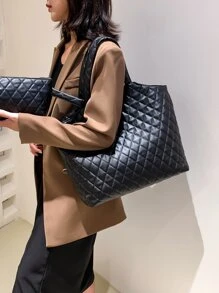 极简主义绗缝图案手提包 菱形图案手提包，女士人造皮革手提包，休闲纯色单肩包和手拿包，母亲节礼物，适合妈妈、少女、女大学生、新秀和白领工作者，非常适合办公室、工作、商务、通勤，最适合女性的工作包，女士工作包，适合日常优雅和特殊场合 - 黑色 - 查看 2