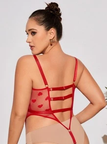 Plus Heart Lace Mesh Teddy Bodysuit - Red - View 2