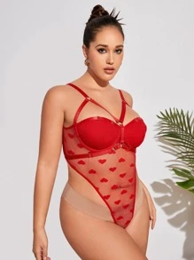 Plus Heart Lace Mesh Teddy Bodysuit - Red - View 4