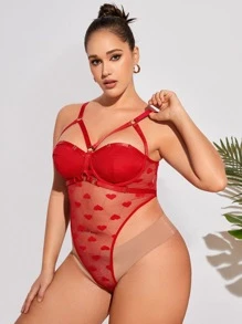 Plus Heart Lace Mesh Teddy Bodysuit - Red - View 5