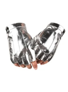 1Pair Metallic Punk Gloves PU Leather Fingerless Short Gloves Hip Hop Rock Biker Driving Gloves For Women - Silver - View 1
