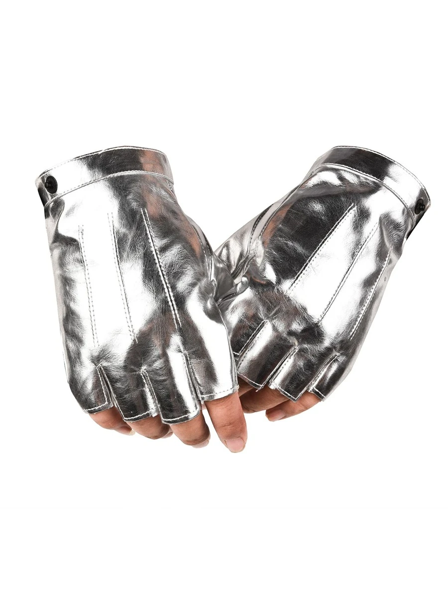 1Pair Metallic Punk Gloves PU Leather Fingerless Short Gloves Hip Hop Rock Biker Driving Gloves For Women - Silver - View 1