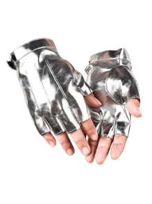 1Pair Metallic Punk Gloves PU Leather Fingerless Short Gloves Hip Hop Rock Biker Driving Gloves For Women - Silver - View 2
