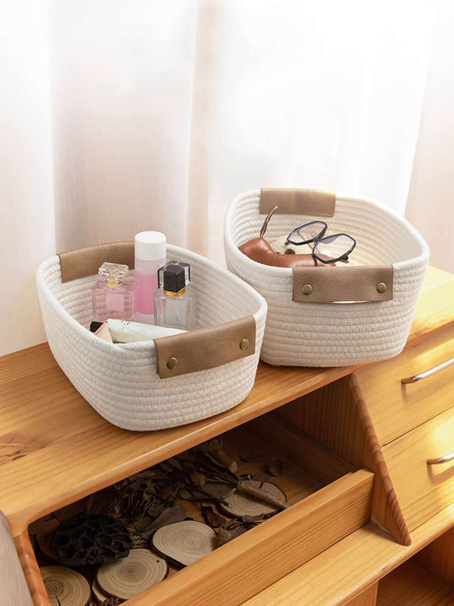 1pc Woven Desktop Storage Basket - White - View 1