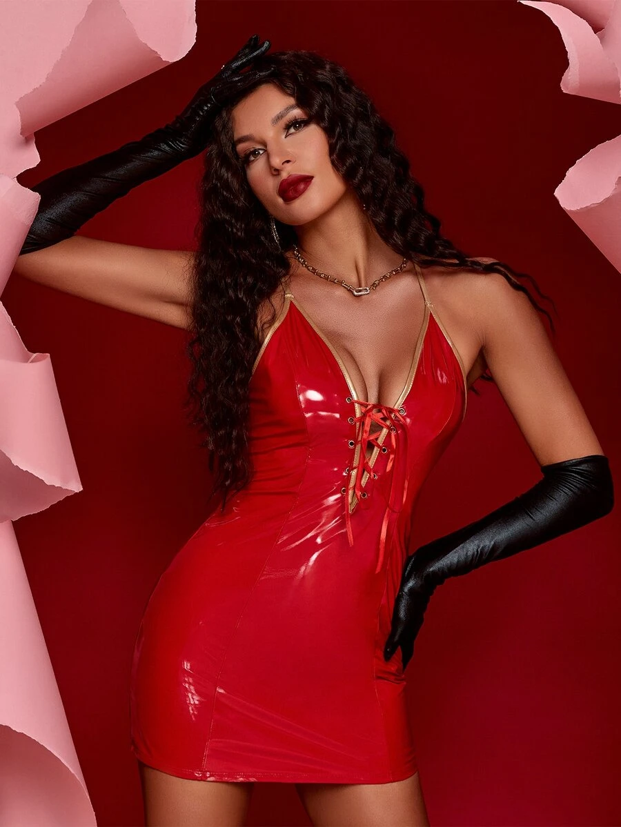 Lace Up Front PU Leather Cross Back Bodycon Dress - Red - View 1