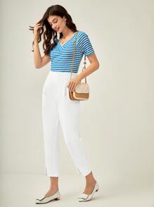 BizChic Split Hem Solid Trousers - White - View 3