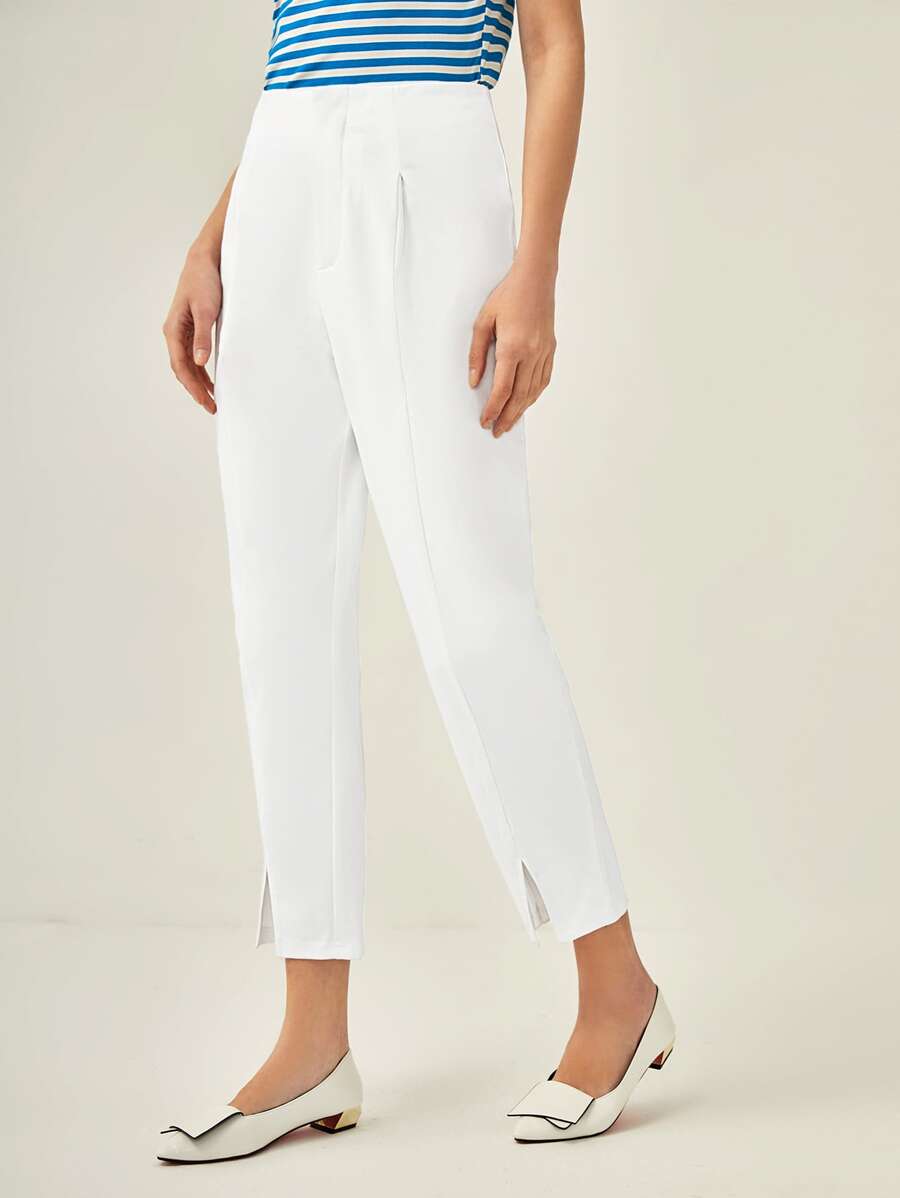 BizChic Split Hem Solid Trousers - White - View 1