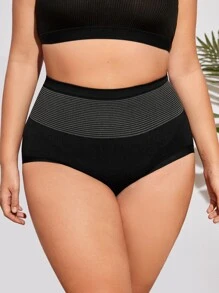 Plus Striped Print Two Tone Panty - Black - View 1