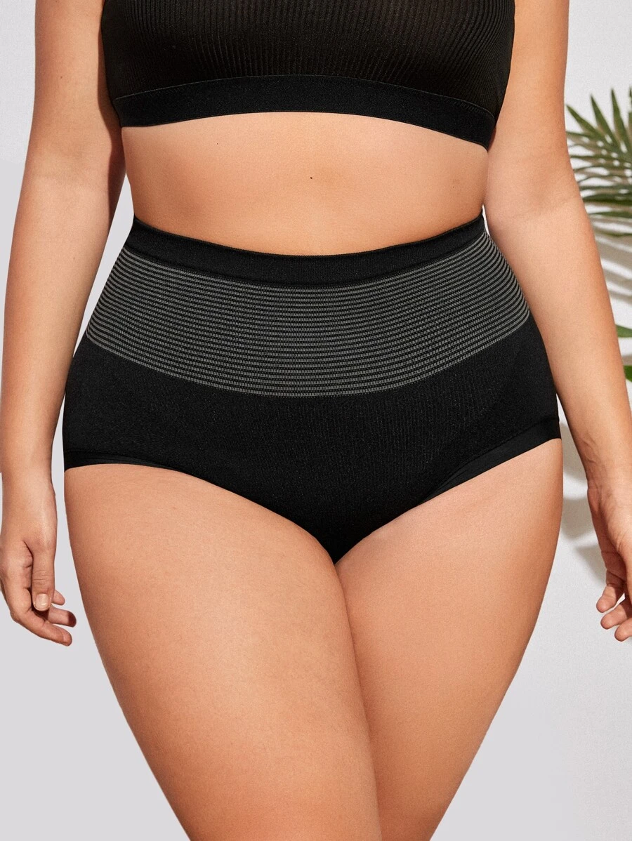 Plus Striped Print Two Tone Panty - Black - View 1