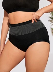 Plus Striped Print Two Tone Panty - Black - View 3