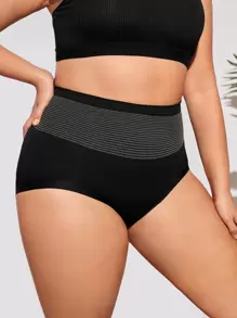 Plus Striped Print Two Tone Panty - Black - View 4